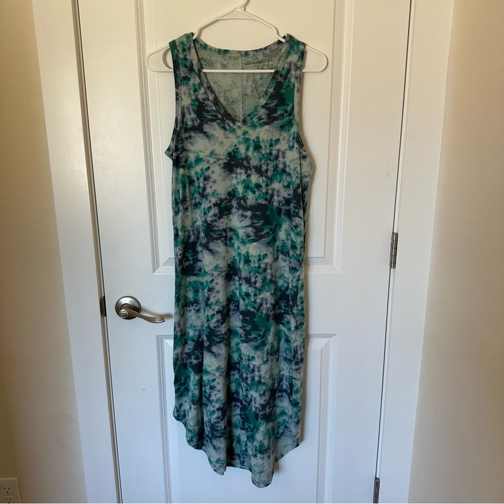 Summer Cotton Active Casual Athleisure Midi Dress | Eddie Bauer | Blue Tye Dye